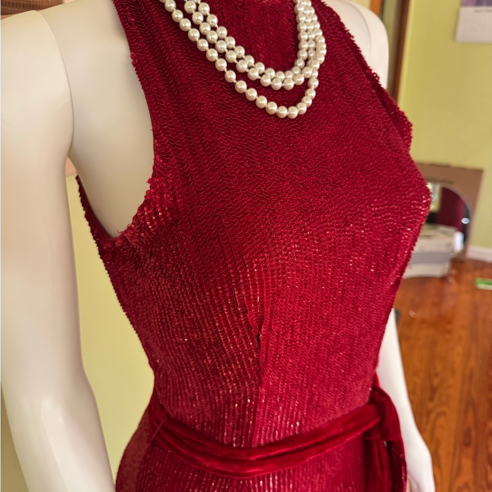Retrofete Scarlett Red Sequin Maxi Dress with Velvet Waist Tie